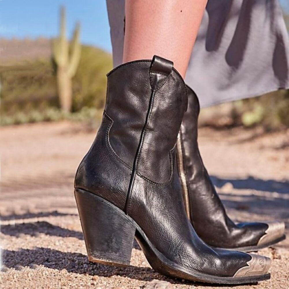Women's Black Western Cowgirl Ankle Boots Stacked Block Heel Steel Toe Heeled - Picture 2 of 7
